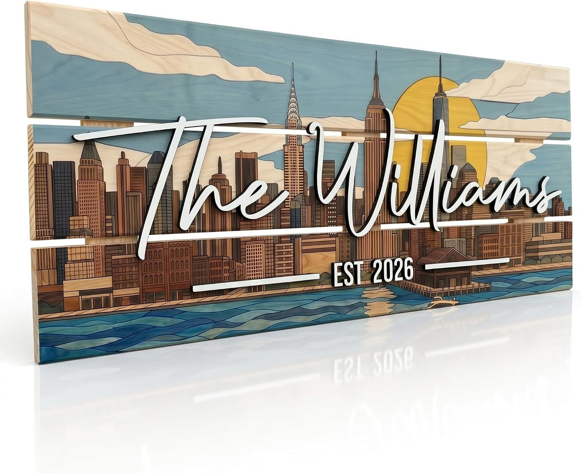 Personalized Modern NYC Skyline Family Name Sign, customized with your text and made to order