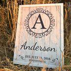 Monogram wall decor detail showing raised lettering on birch wood