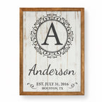 Personalized monogram family name sign in solid wood with an established year