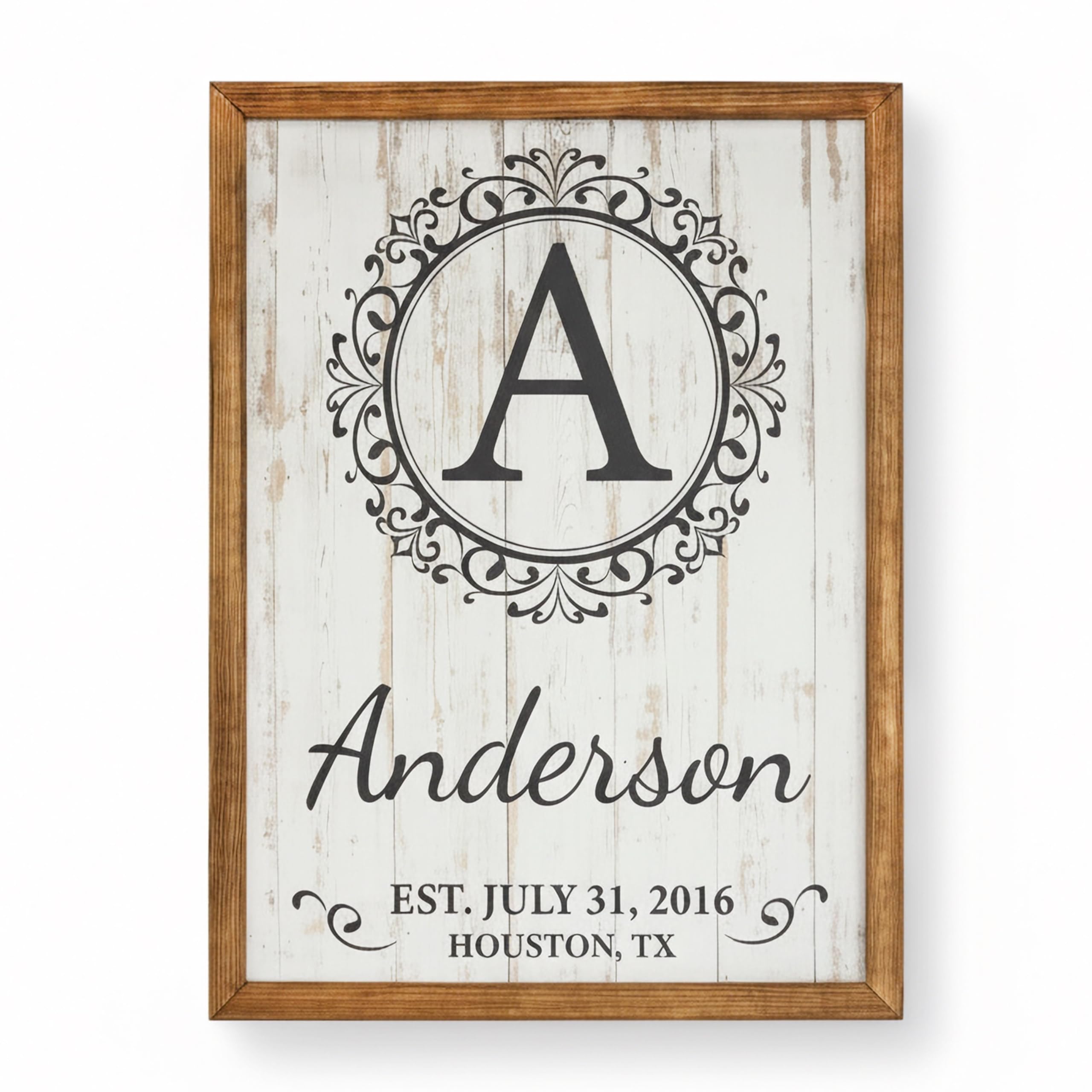 Personalized monogram family name sign in solid wood with an established year