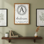 Monogram family name sign finish detail in natural wood