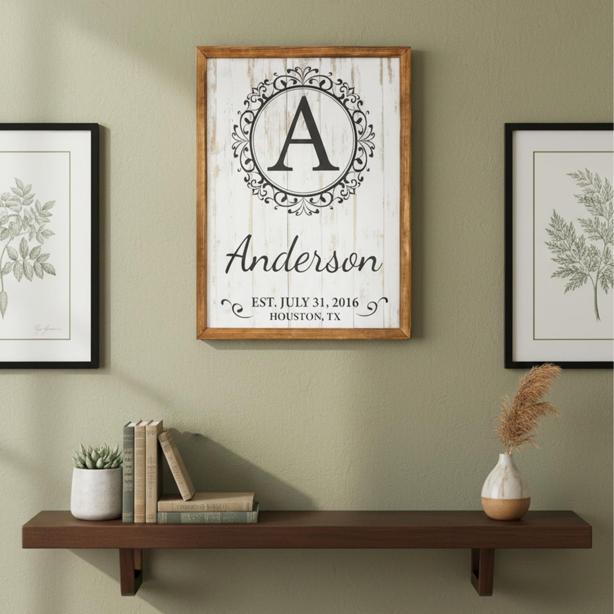 Monogram family name sign finish detail in natural wood