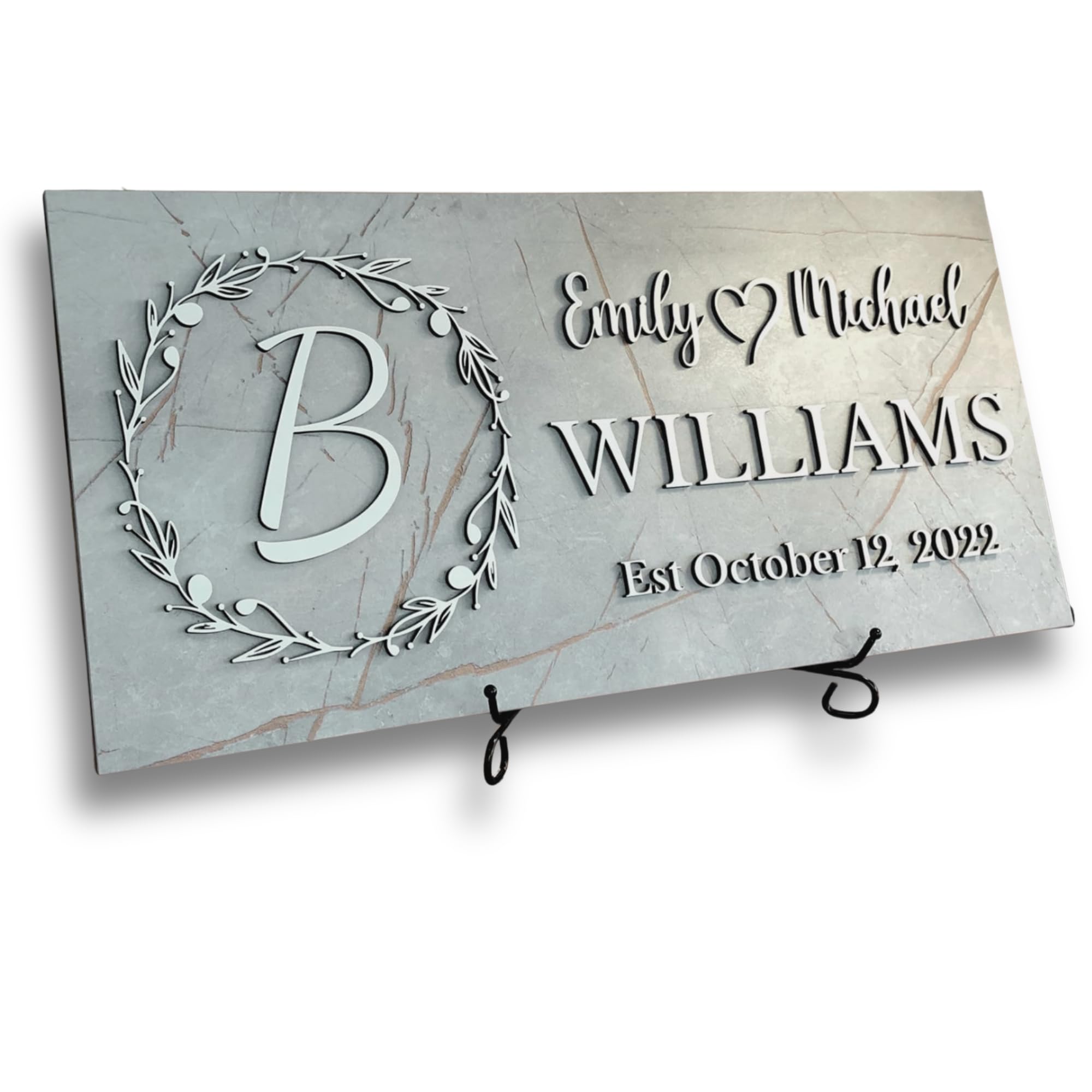 Personalized monogram family name sign in grey marble finish – modern wall art