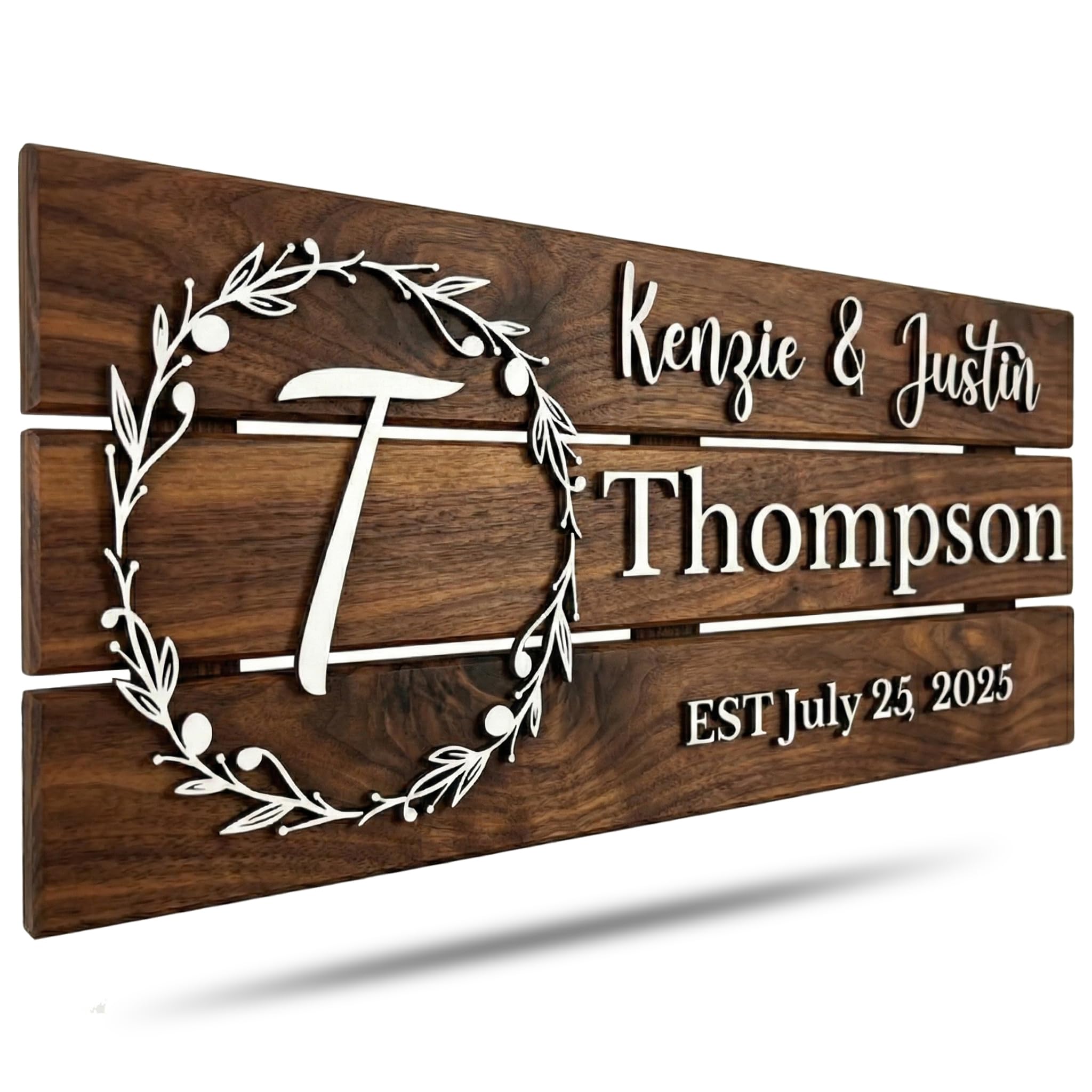Personalized monogram family name sign in solid walnut wood – custom wedding gift