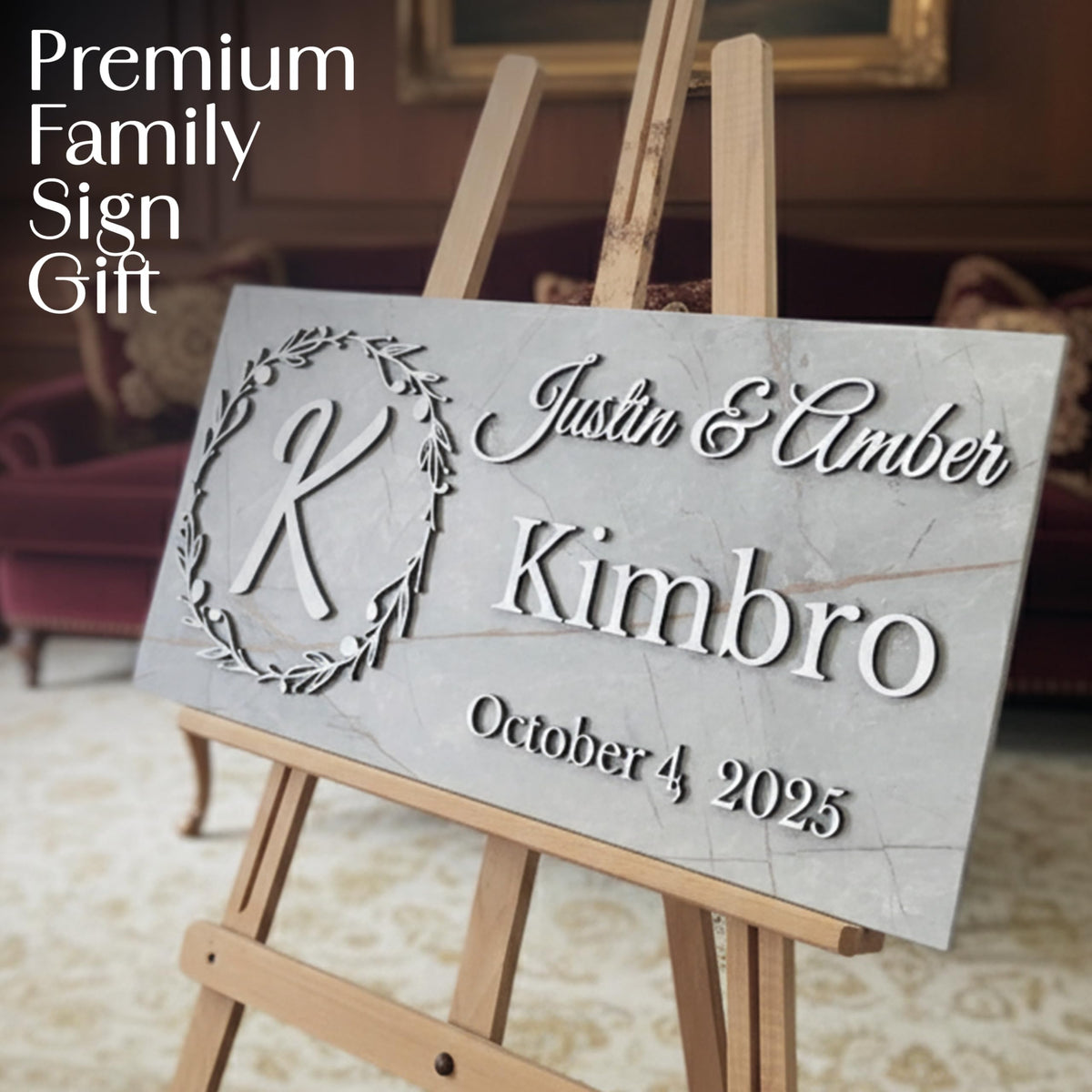 Custom monogram sign detail – marble finish personalized wall decor
