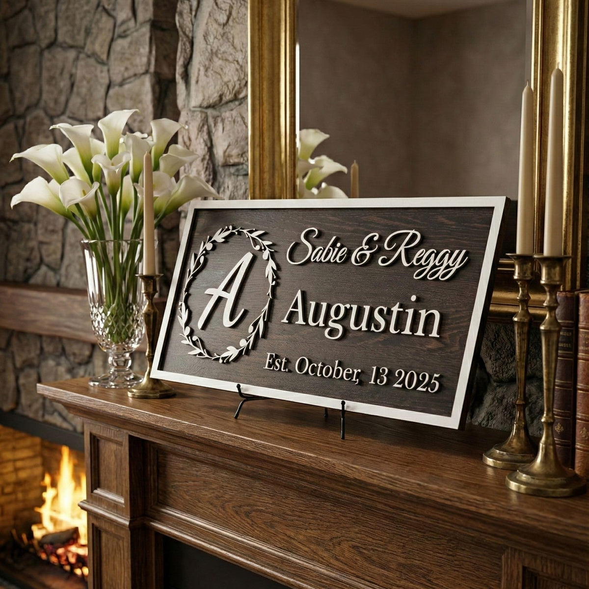 Natural wood monogram sign with custom last name – rustic home decor