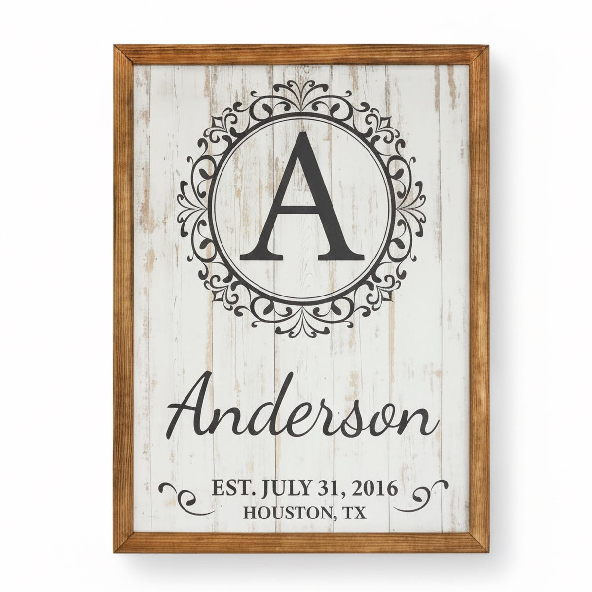 Personalized monogram family name sign in solid wood with an established year