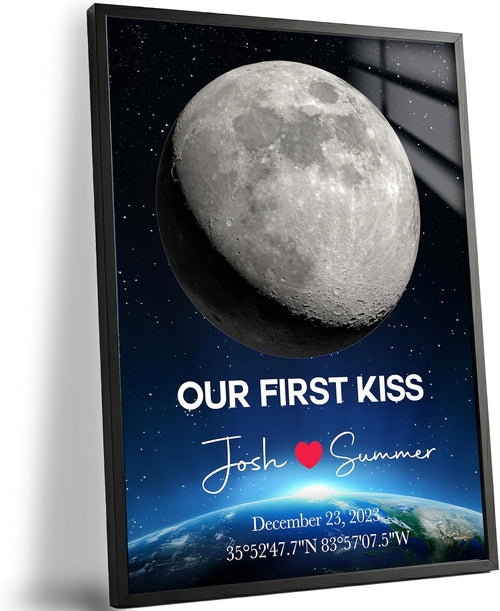 Personalized moon phase print framed in solid wood as an anniversary gift