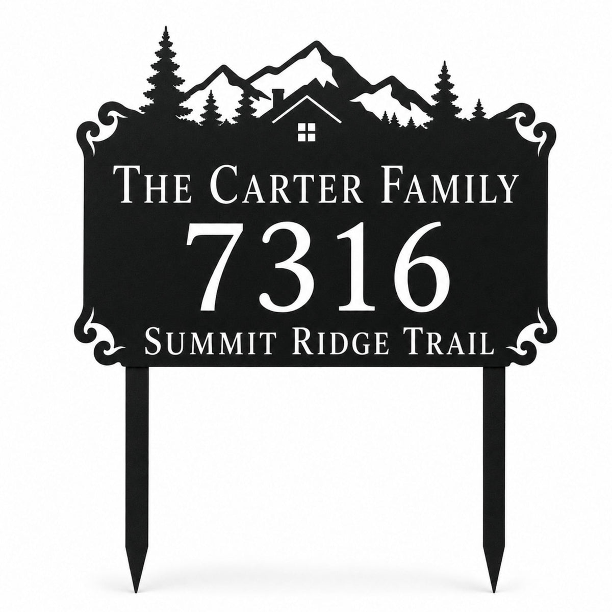 Custom laser cut mountain cabin address sign in durable outdoor steel