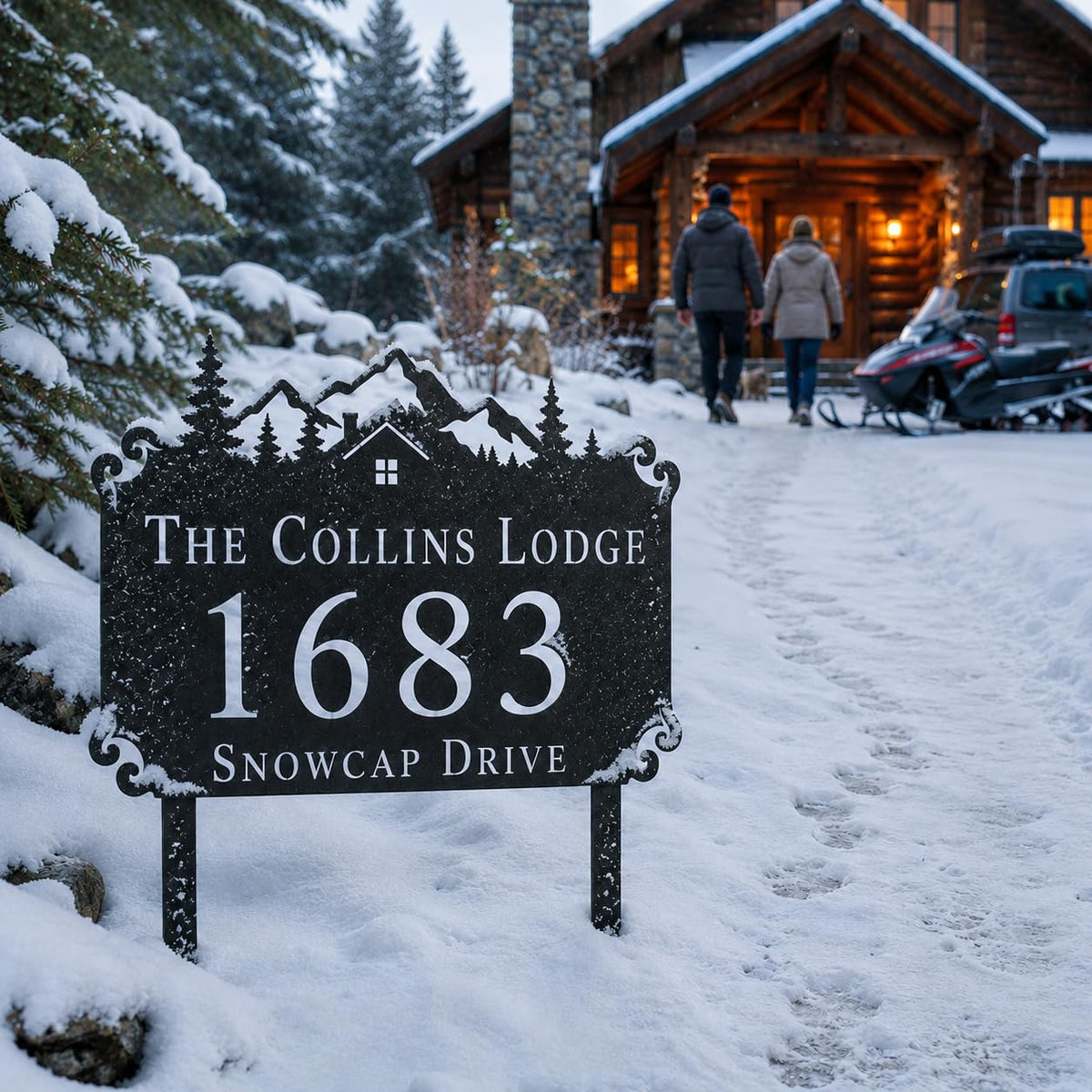 Mountain cabin metal address sign detail showing laser cut house number and lettering