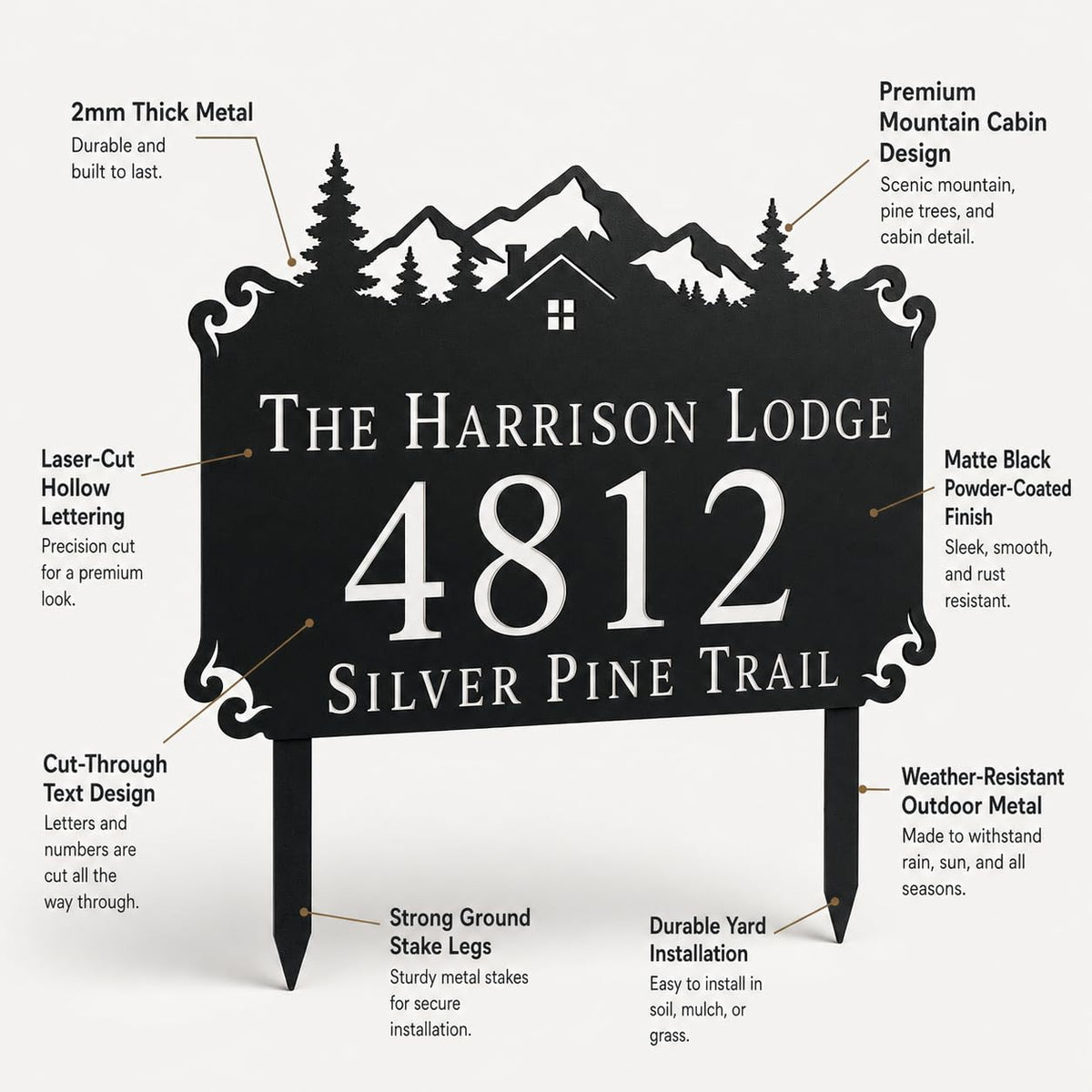 Personalized outdoor address sign for mountain cabin in matte black steel finish