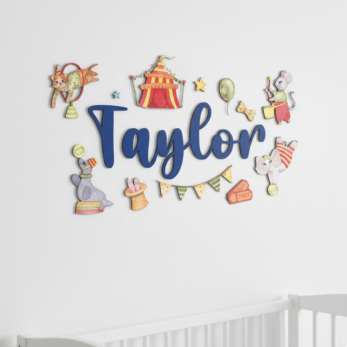 Personalized circus nursery name sign – 3D wood big top baby room decor