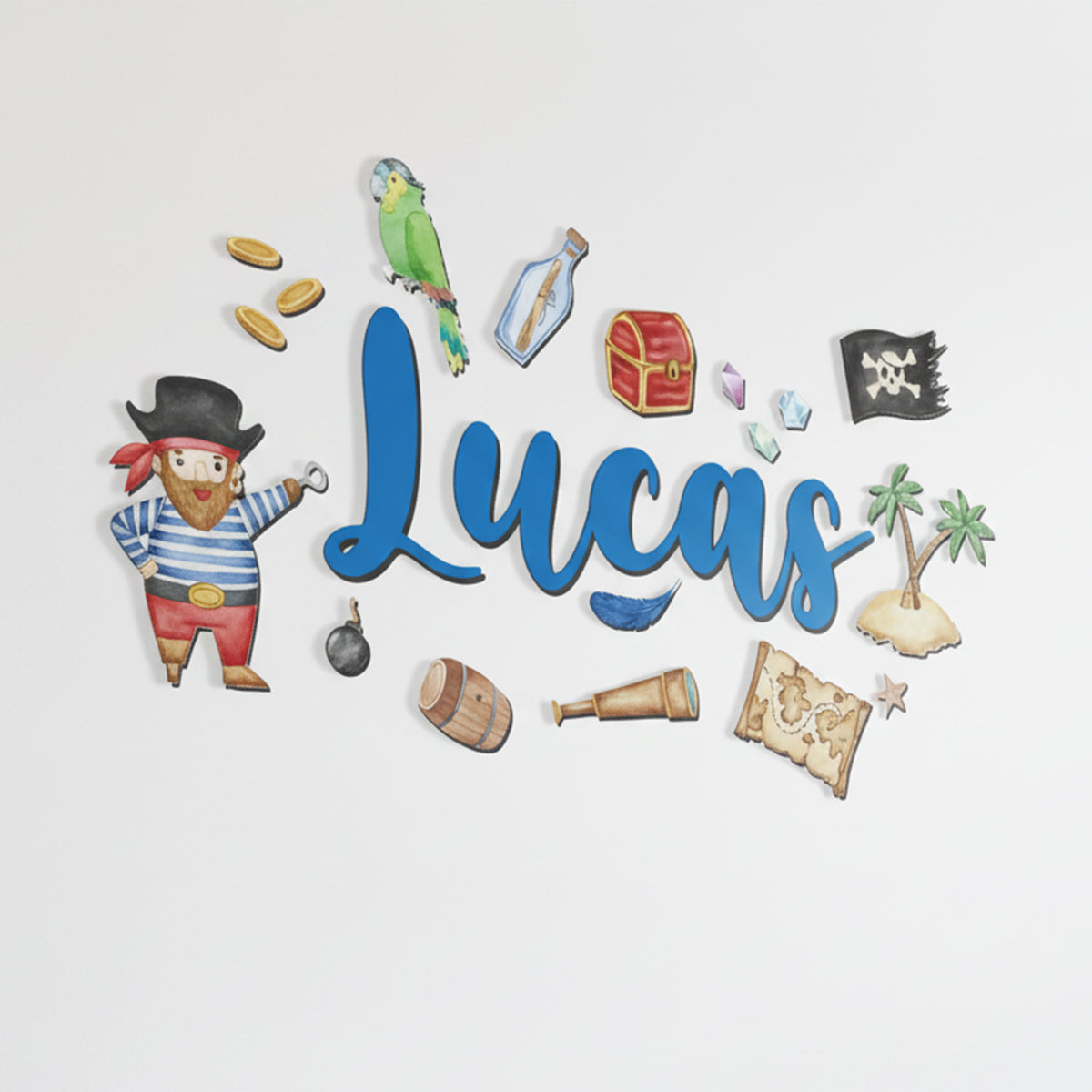 Personalized pirate island nursery name sign – 3D wood adventure baby decor