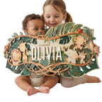 Personalized safari nursery name sign – 3D wood jungle animals baby room decor