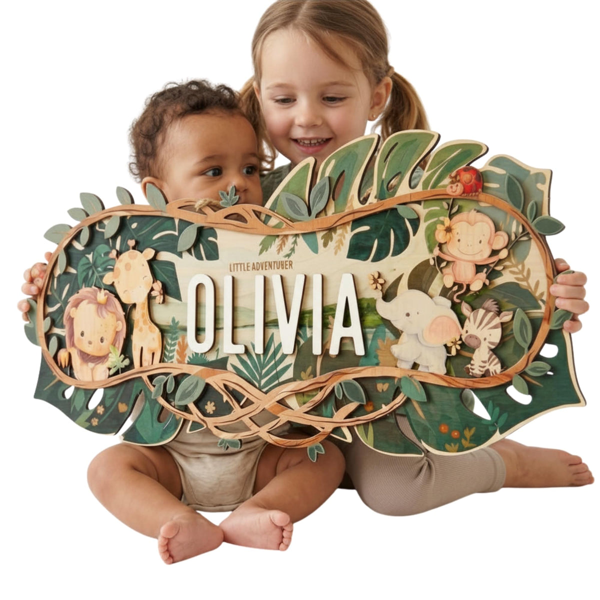 Personalized safari nursery name sign – 3D wood jungle animals baby room decor