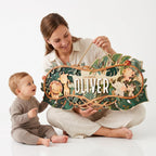 Custom jungle nursery sign with painted safari animals and baby name