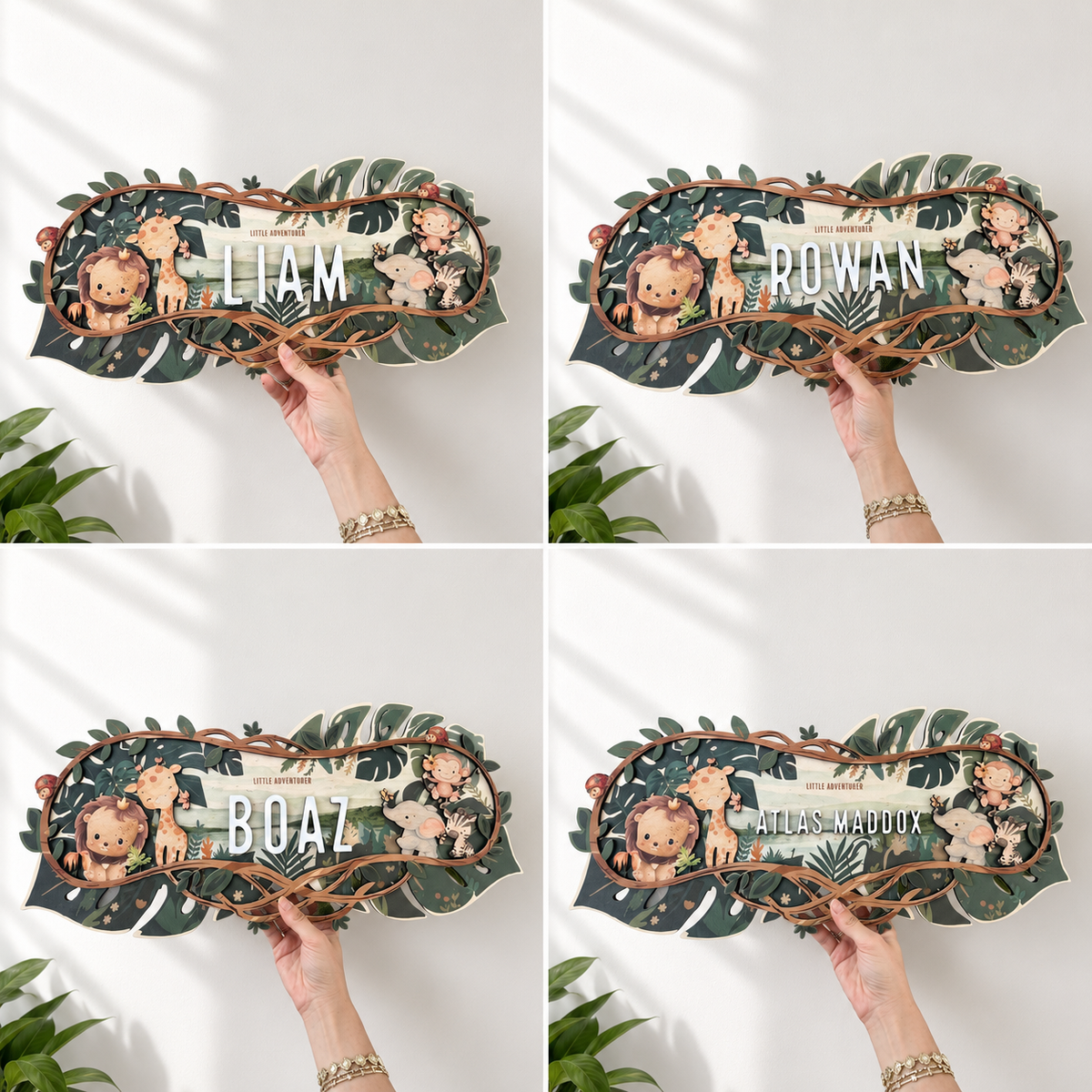 Personalized safari nursery name sign detail with painted wood animals