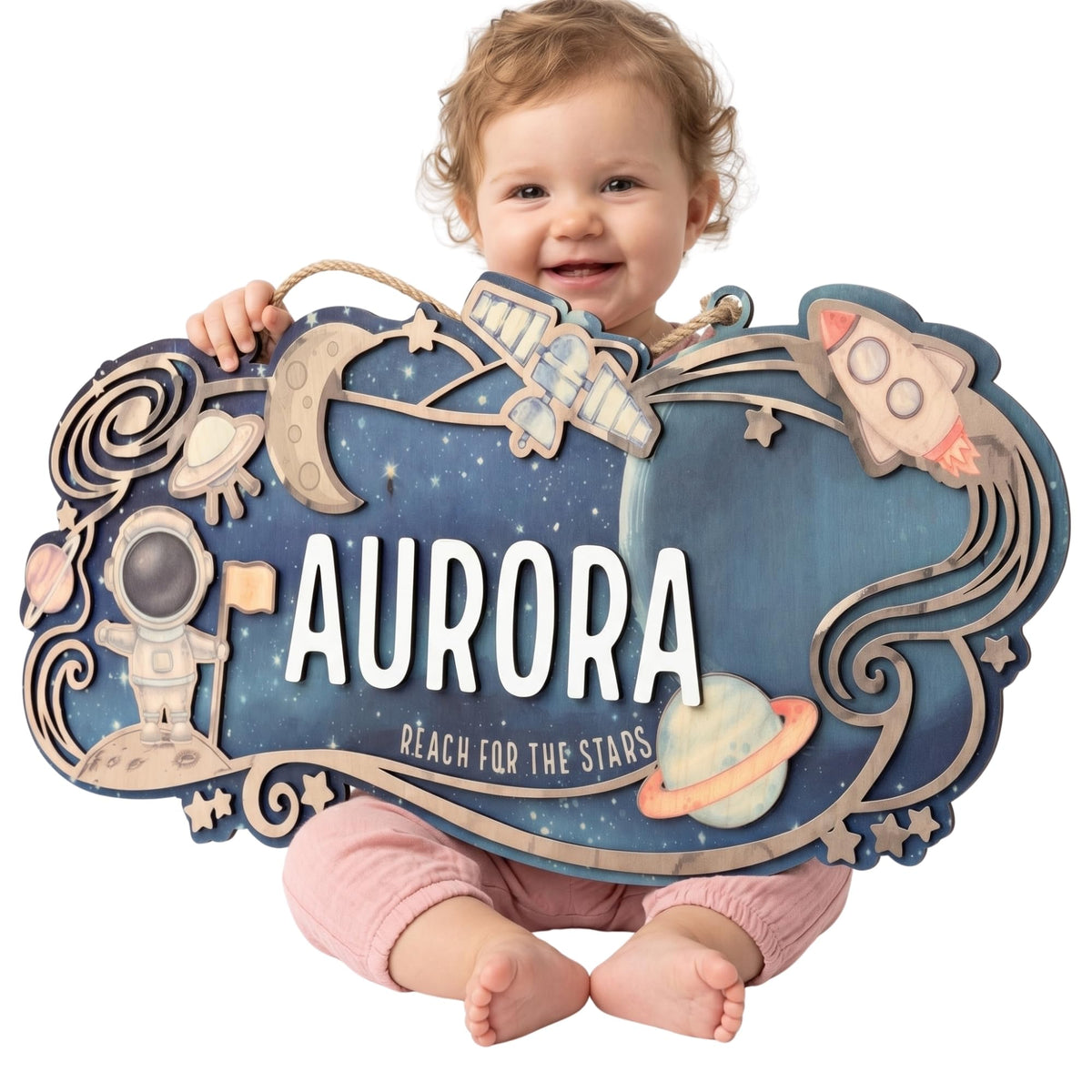 Personalized space nursery name sign – 3D wood rocket and planets baby decor