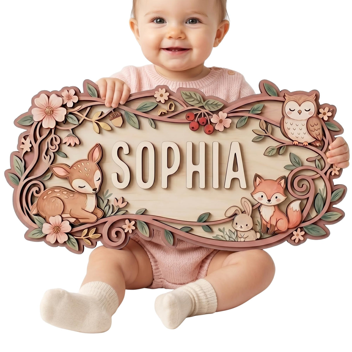 Personalized woodland nursery name sign – 3D wood forest animals baby decor
