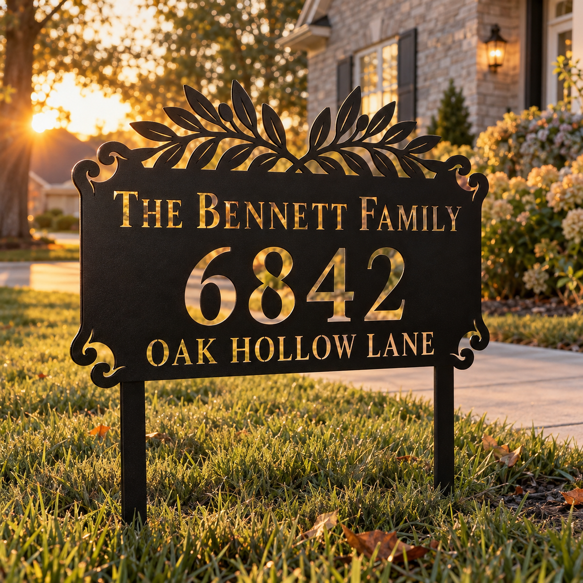 Olive Branch metal address sign for yard with family name and house number, view 6