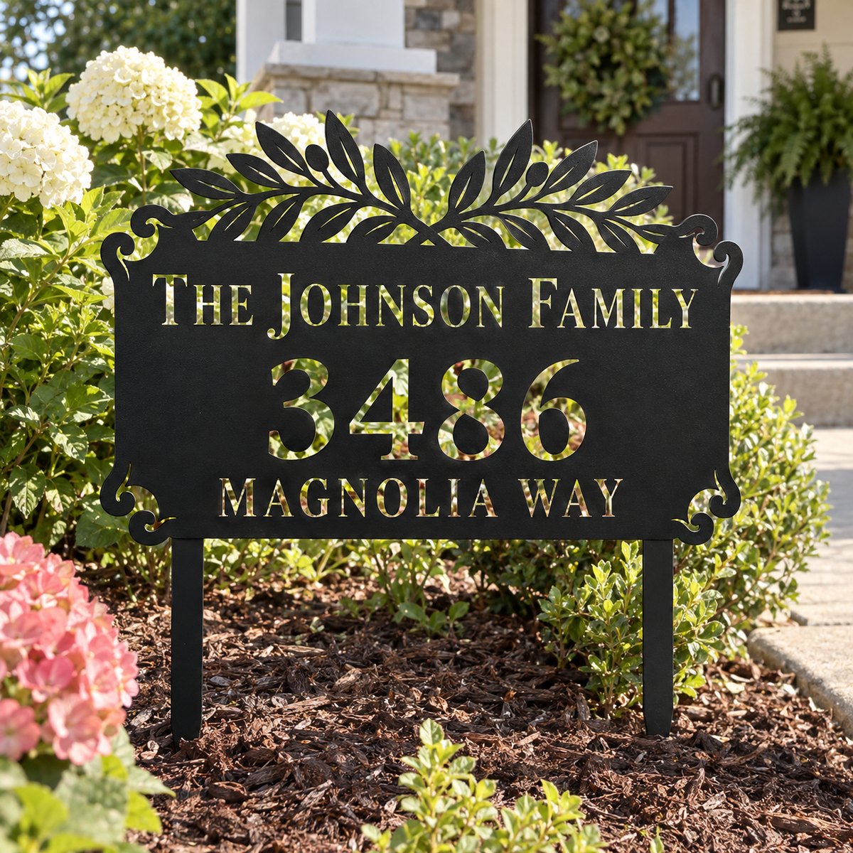 Olive Branch metal address sign for yard with family name and house number, view 5