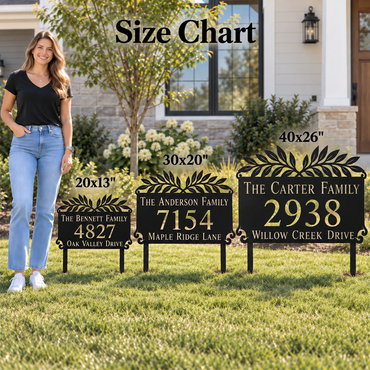 Olive Branch metal address sign for yard with family name and house number, view 2