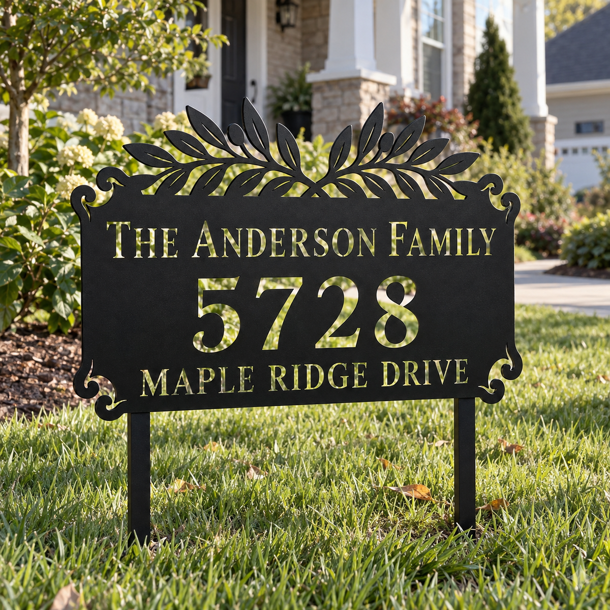Olive Branch metal address sign for yard with family name and house number, view 3