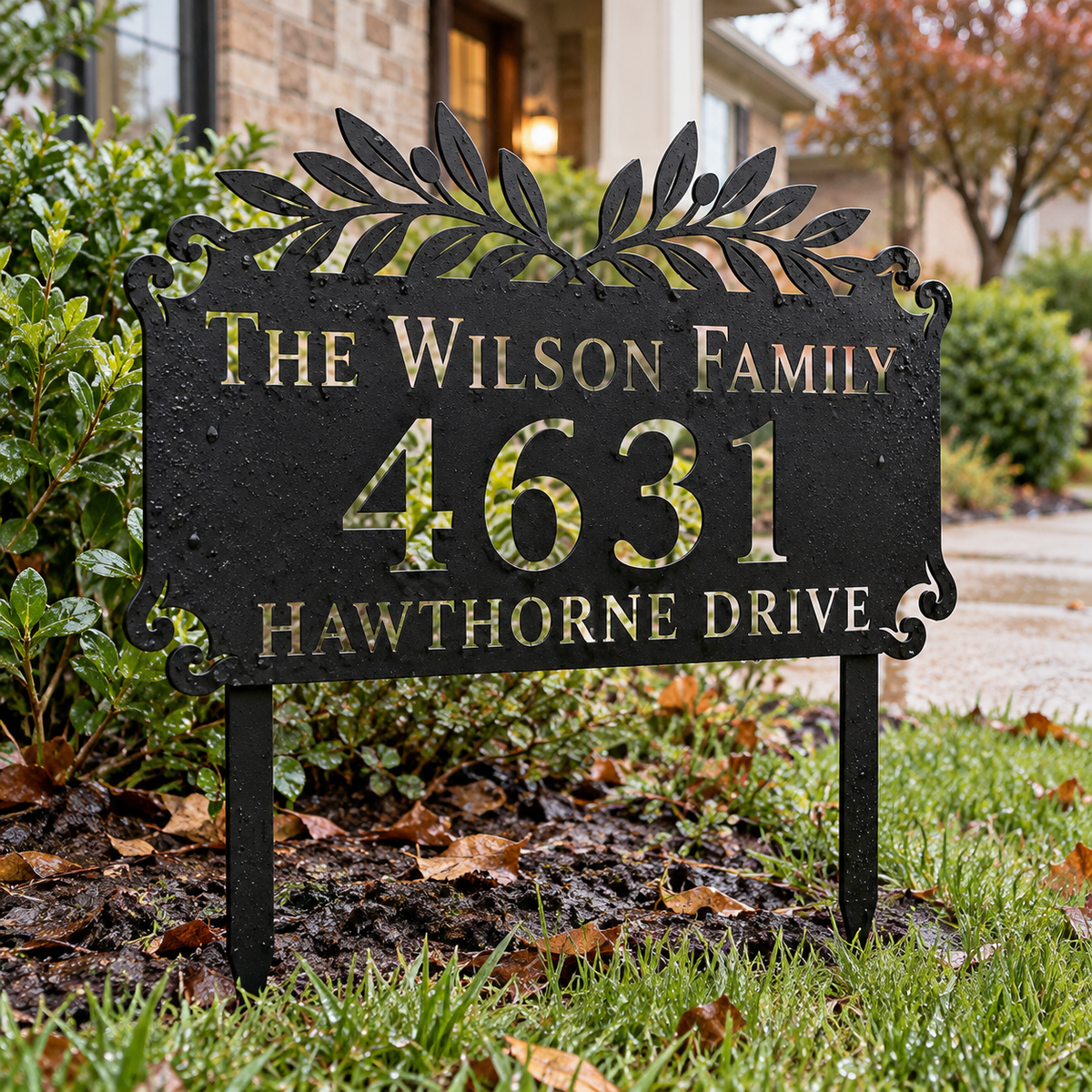 Olive Branch metal address sign for yard with family name and house number, view 7