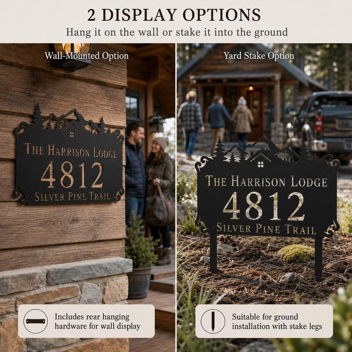 Olive Branch metal address sign for yard with family name and house number, view 8