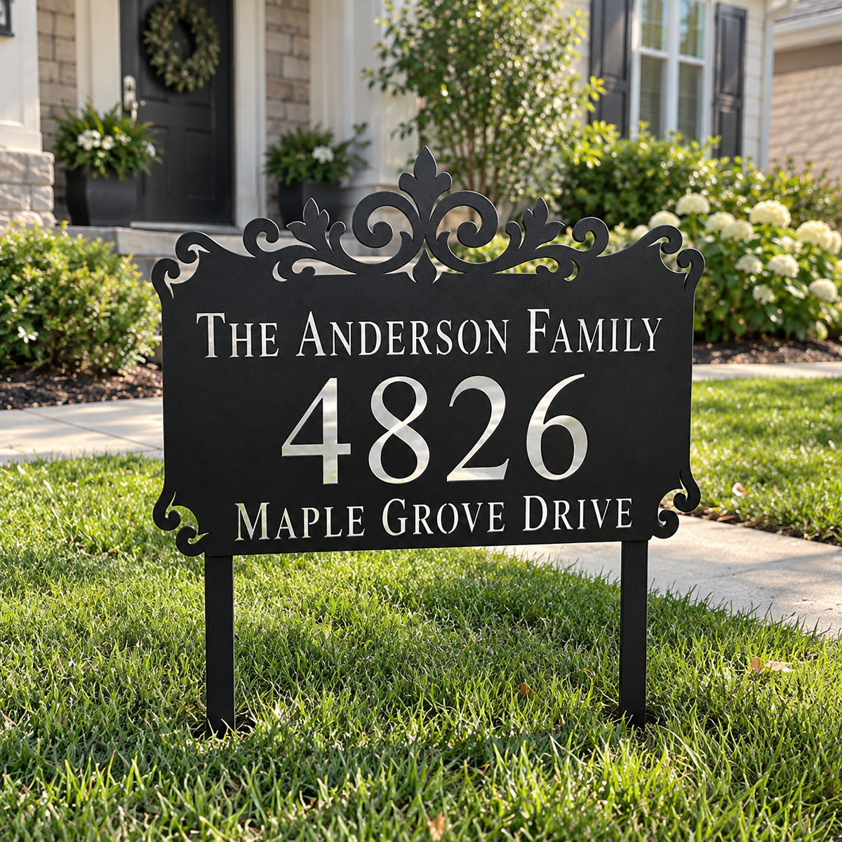 Ornamental Crest metal address sign for yard with family name and house number, view 6
