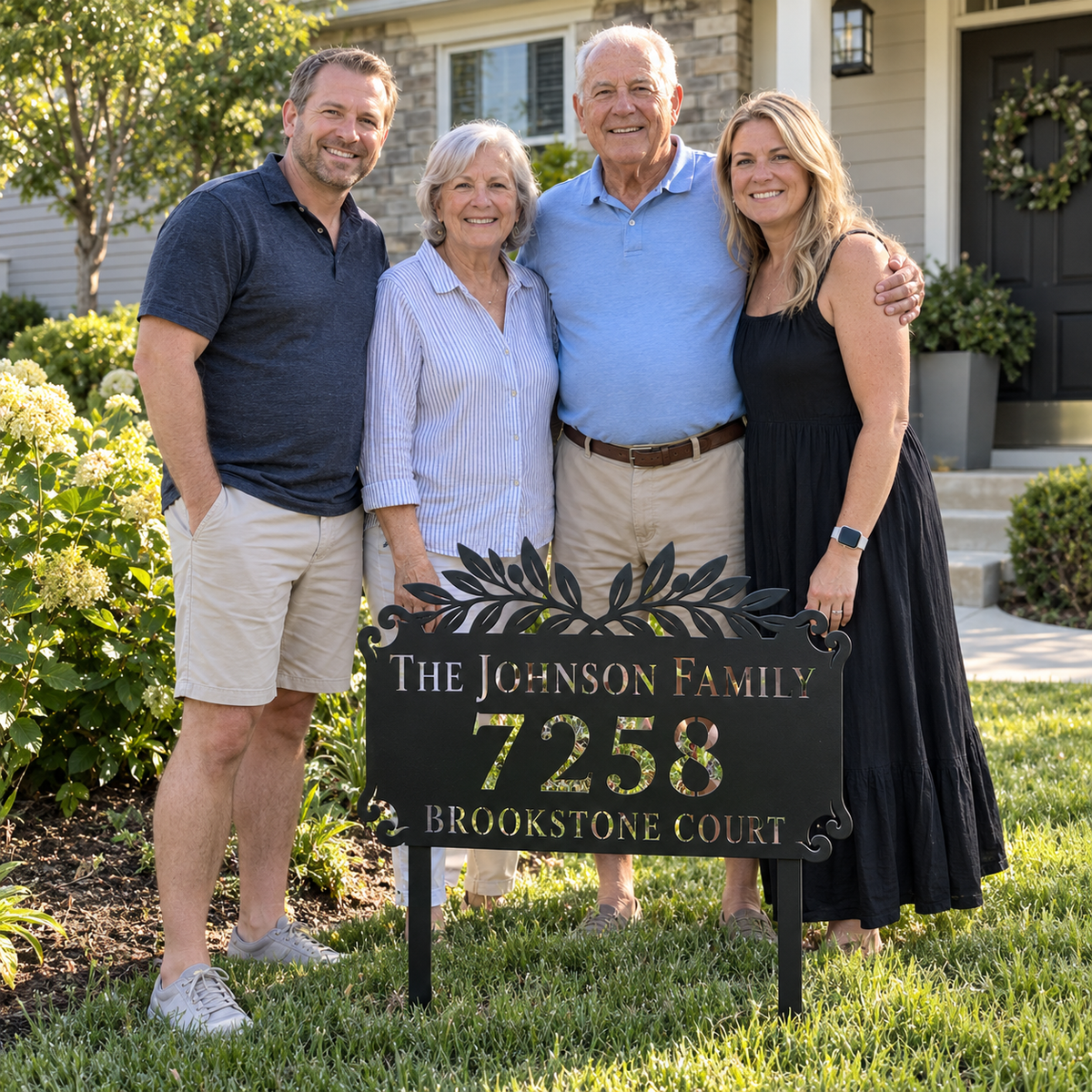 Ornamental Crest metal address sign for yard with family name and house number, view 2