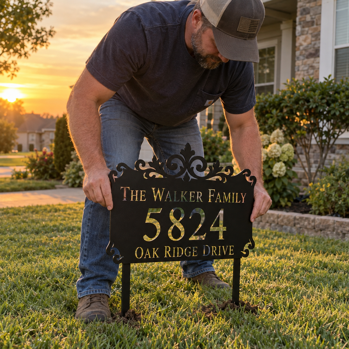 Ornamental Crest metal address sign for yard with family name and house number, view 4