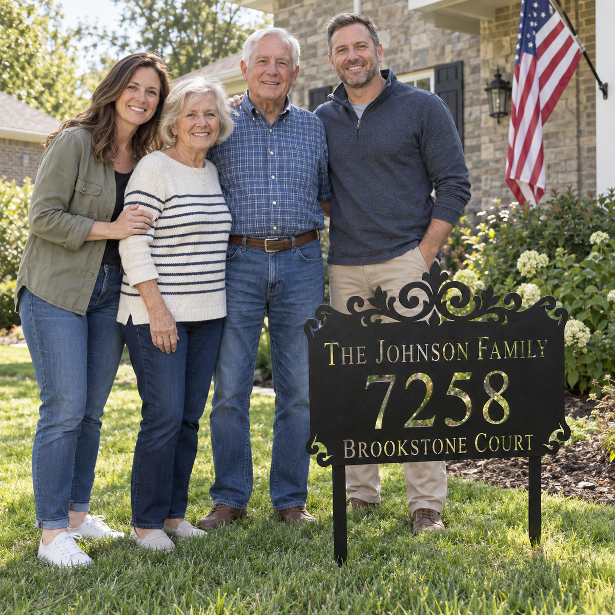 Ornamental Crest metal address sign for yard with family name and house number, view 3