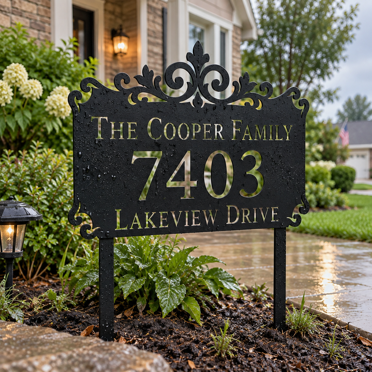 Ornamental Crest metal address sign for yard with family name and house number, view 7