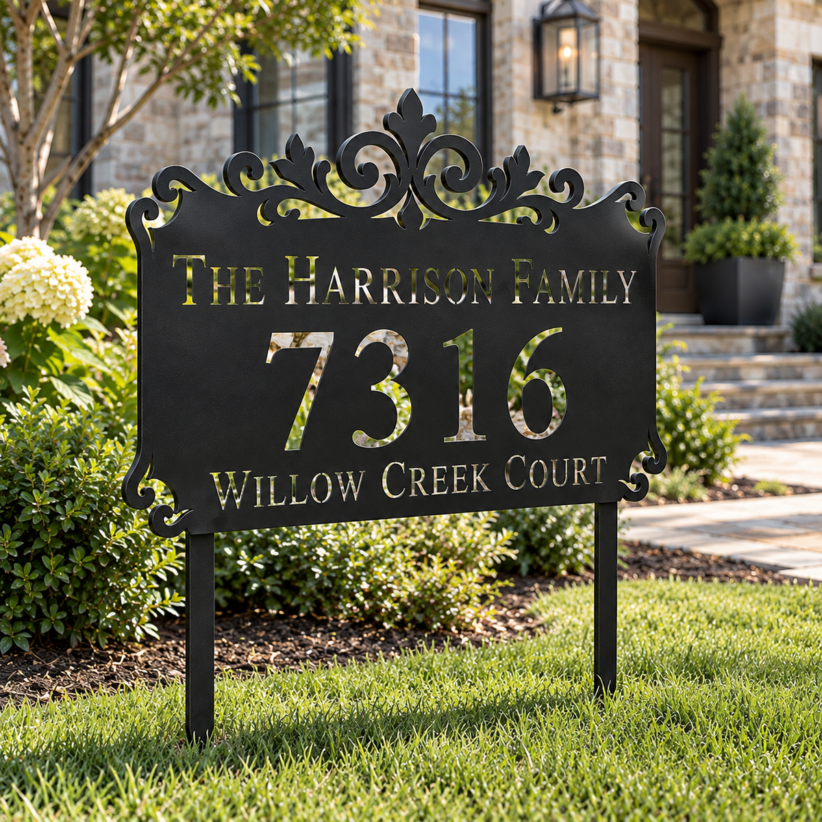 Ornamental Crest metal address sign for yard with family name and house number, view 5
