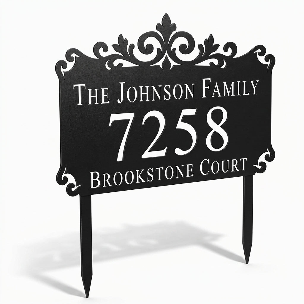 Ornamental Crest metal address sign for yard with family name and house number