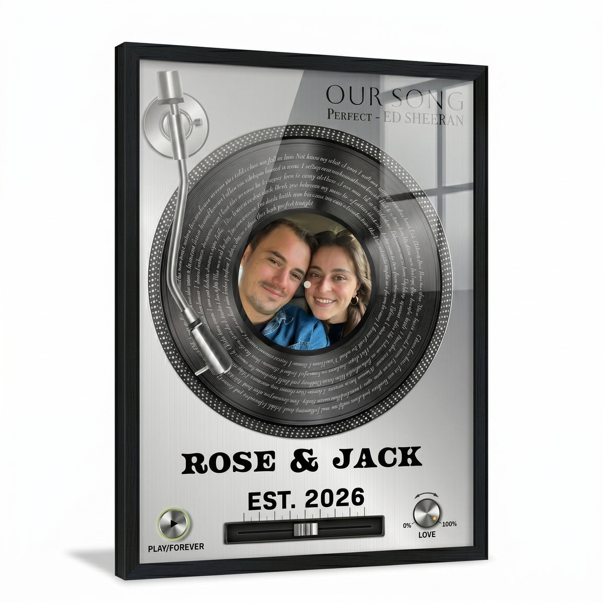 Personalized our song glass art with custom song artwork and photo