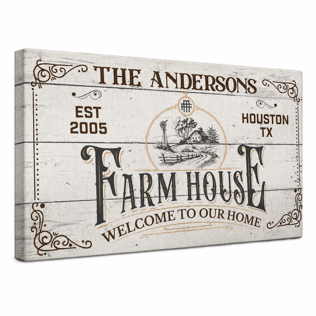 Farmhouse family name canvas in home – personalized rustic decor