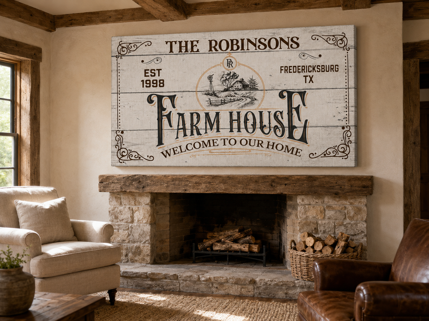 Farmhouse canvas wall art detail – personalized family name print