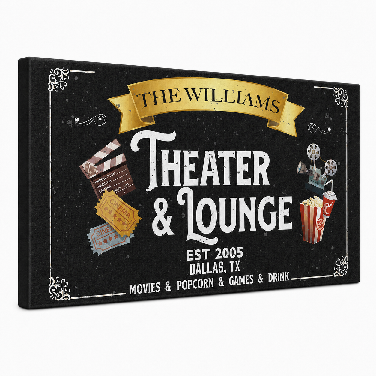 Theater lounge canvas wall art detail – personalized name print