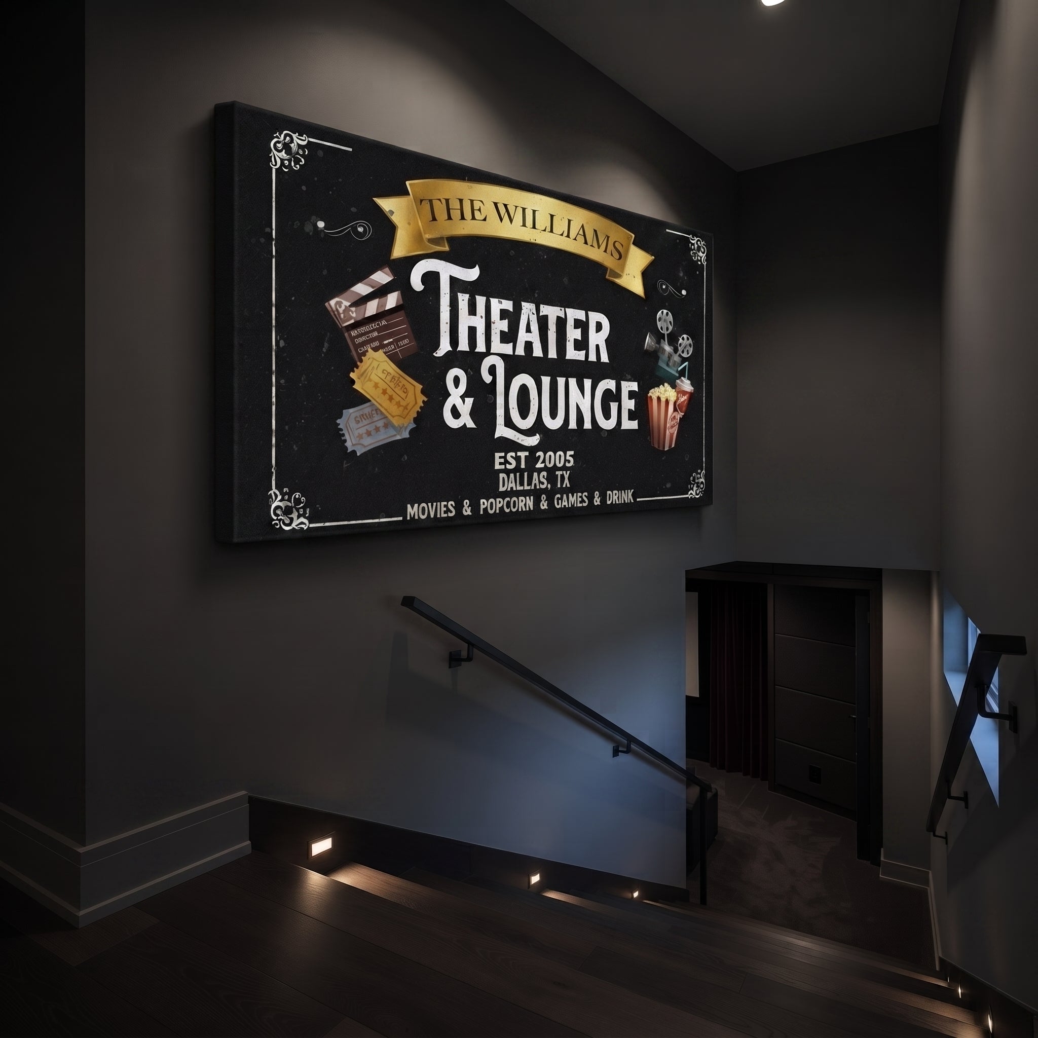 Personalized cinema lounge canvas – custom name media room decor