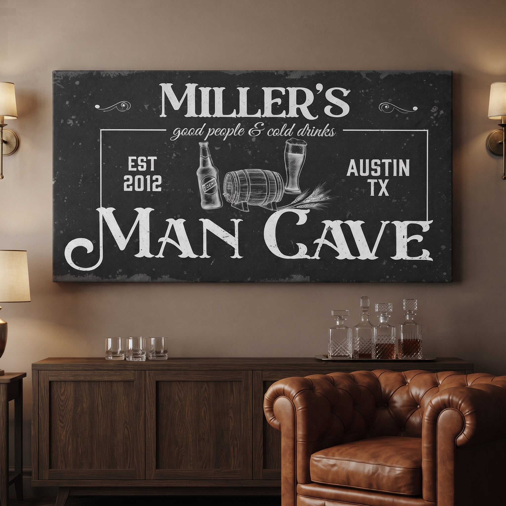 Man cave canvas print detail – personalized name wall decor