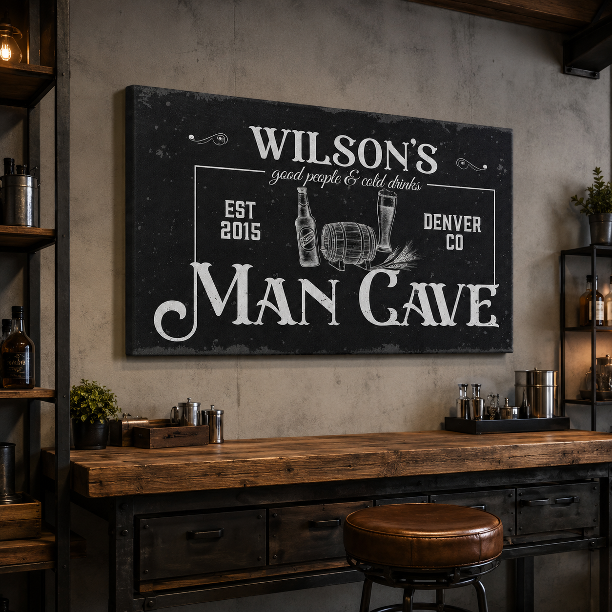 Personalized man cave canvas – custom name lounge decor