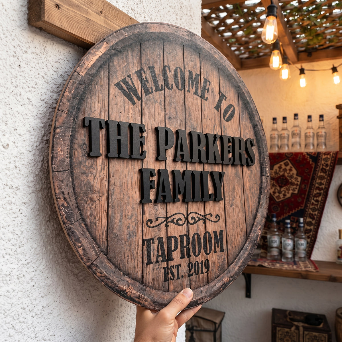 Whiskey Barrel Family Name Sign