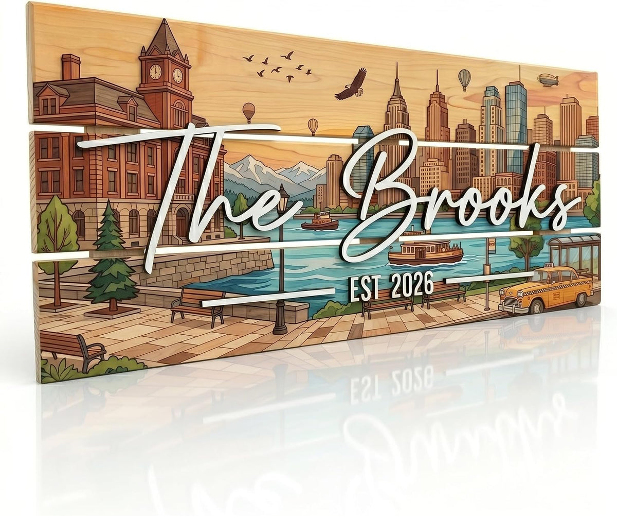 Personalized Rustic NYC Skyline Family Name Sign, customized with your text and made to order