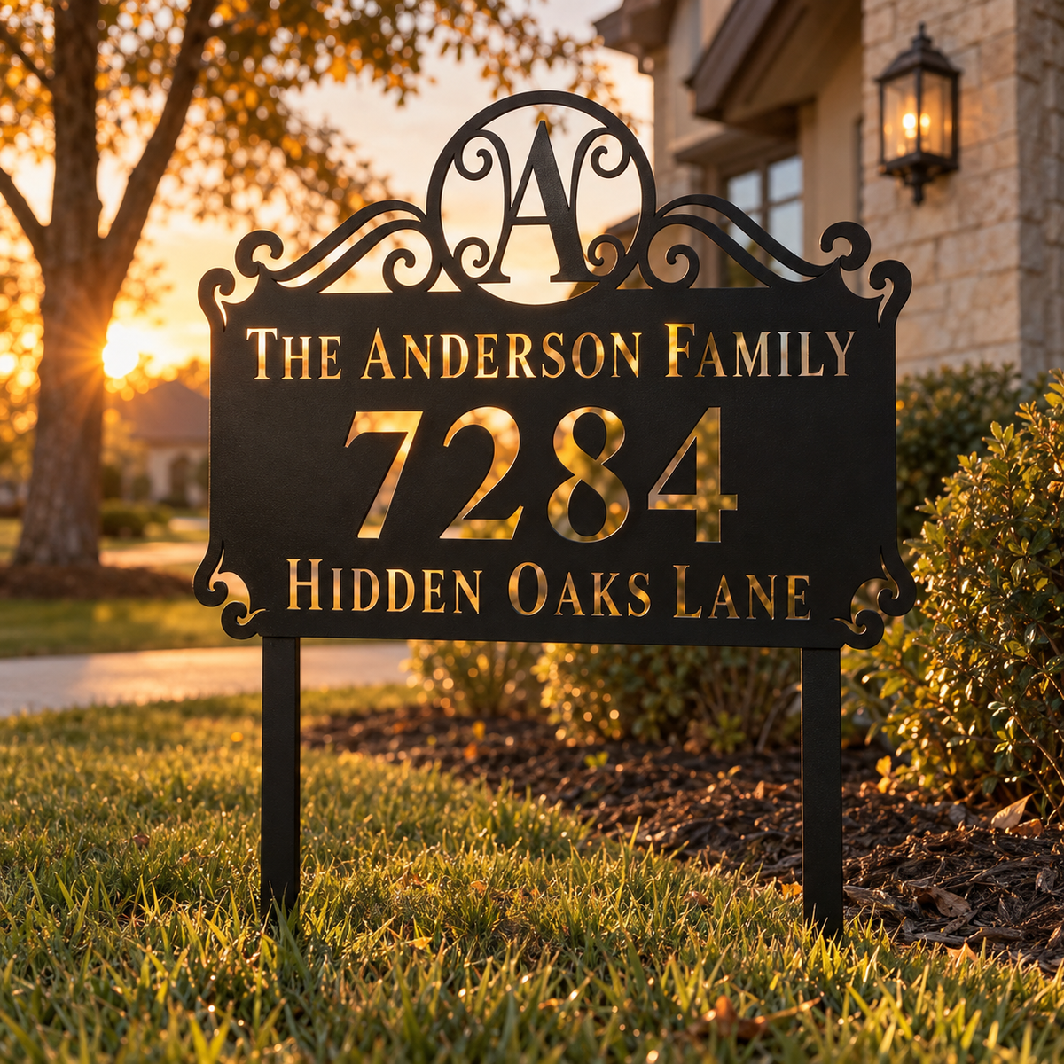 Scroll Monogram metal address sign for yard with family name and house number, view 3