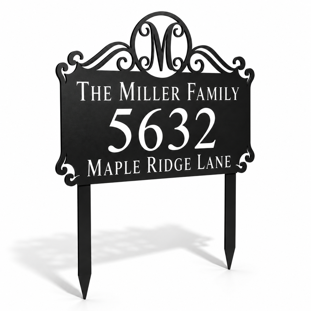 Scroll Monogram metal address sign for yard with family name and house number