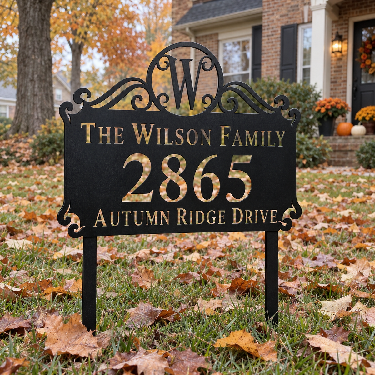 Scroll Monogram metal address sign for yard with family name and house number, view 2
