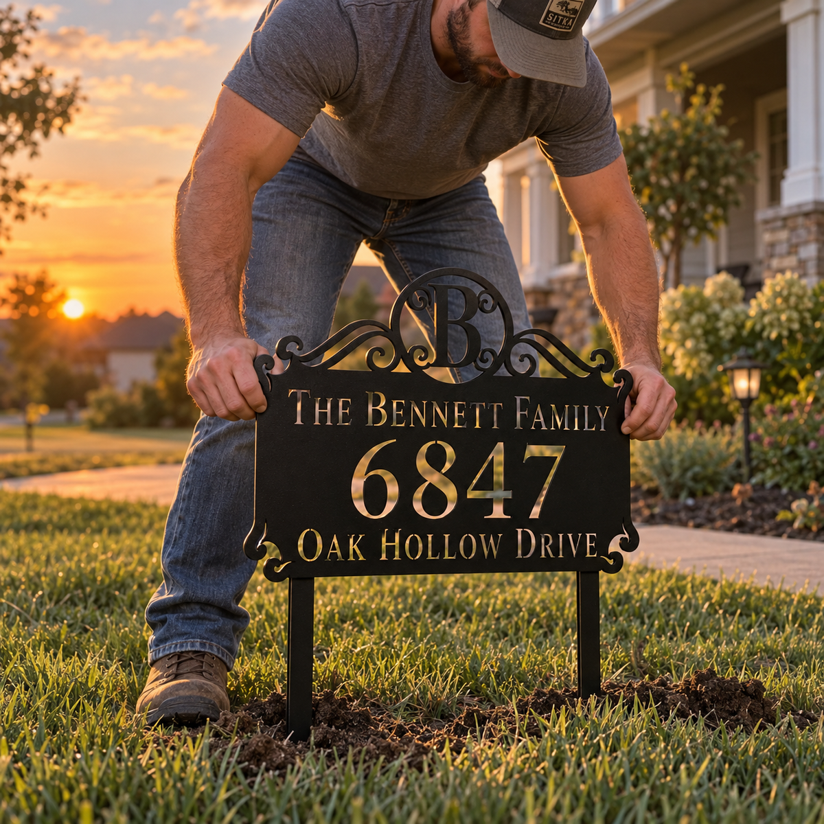 Scroll Monogram metal address sign for yard with family name and house number, view 4