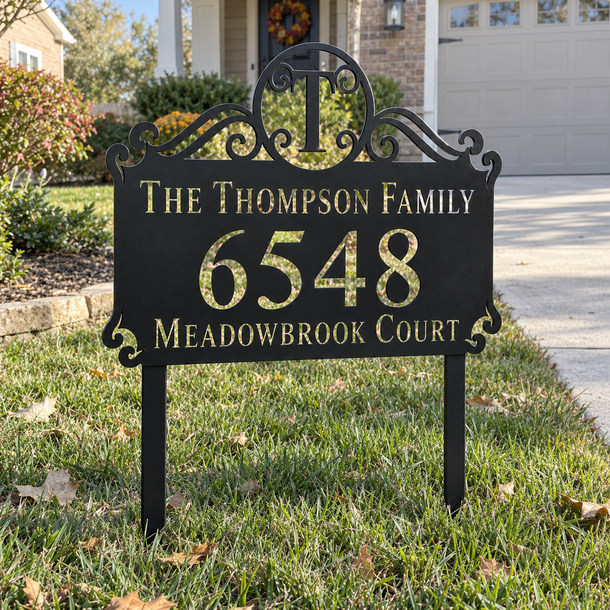 Scroll Monogram metal address sign for yard with family name and house number, view 5